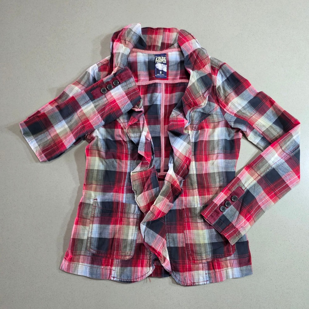 Free People Red Plaid Ruffle Front Blazer Jacket Size 6 Peplum Boho Lightweight